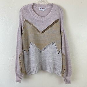 Wildfox Size Medium Ivory & Green Cotton Rib Knit Full Sleeve Pullover Sweater